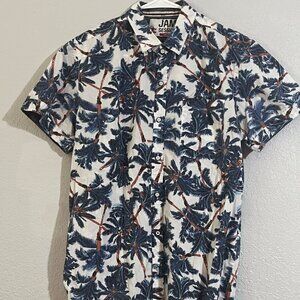 Jam Session Button Shirt Men Medium White Blue AOP Graphic Short Sleeve Slim Fit